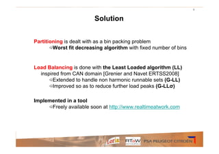 9


                         Solution


Partitioning is dealt with as a bin packing problem
        Worst fit decreasing algorithm with fixed number of bins


Load Balancing is done with the Least Loaded algorithm (LL)
  inspired from CAN domain [Grenier and Navet ERTSS2008]
        Extended to handle non harmonic runnable sets (G-LL)
        Improved so as to reduce further load peaks (G-LLσ)

Implemented in a tool
      Freely available soon at http://www.realtimeatwork.com
 