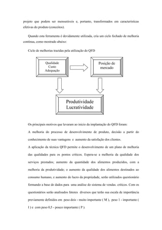 projeto que podem ser mensuráveis e, portanto, transformados em características
efetivas do produto (conceitos).

   Quando esta ferramenta é devidamente utilizada, cria um ciclo fechado de melhoria
contínua, como mostrado abaixo:

   Ciclo de melhorias trazidas pela utilização do QFD


                Qualidade                               Posição de
                  Custo                                  mercado
                Adequação




                                   Produtividade
                                   Lucratividade


   Os principais motivos que levaram ao inicio da implantação do QFD foram:

   A melhoria do processo de desenvolvimento de produto, decisão a partir do

   conhecimento de suas vantagens e aumento da satisfação dos clientes.

   A aplicação da técnica QFD permite o desenvolvimento de um plano de melhoria

   das qualidades para os pontos críticos. Espera-se a melhoria da qualidade dos

   serviços prestados; aumento da quantidade dos alimentos produzidos, com a

   melhoria da produtividade; o aumento da qualidade dos alimentos destinados ao

   consumo humano, e aumento do lucro da propriedade, serão utilizados questionário

   formando a base de dados para uma análise do sistema de vendas. críticos. Com os

   questionários serão analisados fatores diversos que terão sua escala de importância

   previamente definidos em peso dois - muito importante ( M ), peso 1 - importante (

   I ) e com peso 0,5 - pouco importante ( P ).
 