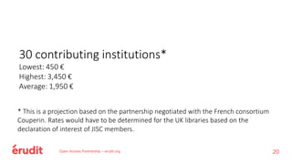 Open Access Partnership – erudit.org
30 contributing institutions*
Lowest: 450 €
Highest: 3,450 €
Average: 1,950 €
* This is a projection based on the partnership negotiated with the French consortium
Couperin. Rates would have to be determined for the UK libraries based on the
declaration of interest of JISC members.
20
 