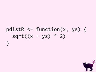 pdistR <- function(x, ys) {
sqrt((x - ys) ^ 2)
}
 