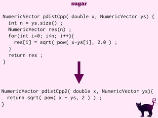 sugar
NumericVector pdistCpp2( double x, NumericVector ys){
return sqrt( pow( x - ys, 2 ) ) ;
}
NumericVector pdistCpp( double x, NumericVector ys) {
int n = ys.size() ;
NumericVector res(n) ;
for(int i=0; i<n; i++){
res[i] = sqrt( pow( x-ys[i], 2.0 ) ;
}
return res ;
}
 