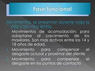Movimientos: se presentan durante toda la
  vida y son muy lentos.
1. Movimientos de acomodación: para
   adaptarse al crecimiento de los
   maxilares. Son mas activos entre los 14 y
   18 años de edad.
2. Movimiento     para     compensar      el
   desgaste oclusal y proximal del diente
3. Movimiento     para     compensar      el
   desgaste en los puntos de contacto
 