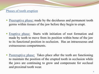 Phases of tooth eruption
 Preeruptive phase: made by the deciduous and permanent tooth
germs within tissues of the jaw before they begin to erupt.
 Eruptive phase: Starts with initiation of root formation and
made by teeth to move from its position within bone of the jaw
to its functional position in occlusion. Has an intraosseous and
extraosseous compartments.
 Posteruptive phase: Takes place after the teeth are functioning
to maintain the position of the erupted tooth in occlusion while
the jaws are continuing to grow and compensate for occlusal
and proximal tooth wear.
6
 