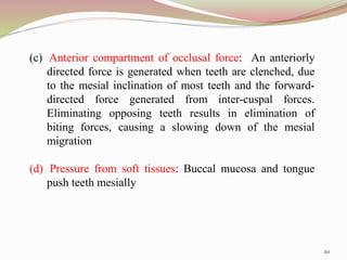 (c) Anterior compartment of occlusal force: An anteriorly
directed force is generated when teeth are clenched, due
to the mesial inclination of most teeth and the forward-
directed force generated from inter-cuspal forces.
Eliminating opposing teeth results in elimination of
biting forces, causing a slowing down of the mesial
migration
(d) Pressure from soft tissues: Buccal mucosa and tongue
push teeth mesially
20
 