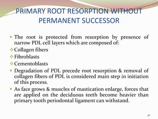 PRIMARY ROOT RESORPTION WITHOUT
PERMANENT SUCCESSOR
 The root is protected from resorption by presence of
narrow PDL cell layers which are composed of:
Collagen fibers
Fibroblasts
Cementoblasts
 Degradation of PDL precede root resorption & removal of
collagen fibers of PDL is considered main step in initiation
of this process.
 As face grows & muscles of mastication enlarge, forces that
are applied on the deciduous teeth become heavier than
primary tooth periodontal ligament can withstand.
46
 