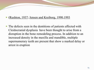 (Rushton, 1937; Jensen and Kreiborg, 1990,1993
 The defects seen in the dentitions of patients affected with
Cleidocranial dysplasia have been thought to arise from a
disruption in the bone remodeling process. In addition to an
increased density in the maxilla and mandible, multiple
supernumerary teeth are present that show a marked delay or
arrest in eruption
65
 