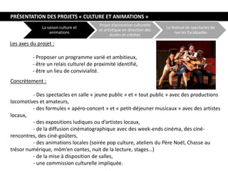 PRÉSENTATION DES PROJETS « CULTURE ET ANIMATIONS »
Les axes du projet :
- Proposer un programme varié et ambitieux,
- être un relais culturel de proximité identifié,
- être un lieu de convivialité.
Concrètement :
- Des spectacles en salle « jeune public » et « tout public » avec des productions
locomotives et amateurs,
- des formules « apéro-concert » et « petit-déjeuner musicaux » avec des artistes
locaux,
- des expositions ludiques ou d’artistes locaux,
- de la diffusion cinématographique avec des week-ends cinéma, des ciné-
rencontres, des ciné-goûters,
- des animations locales (soirée pop culture, ateliers du Père Noël, Chasse au
trésor numérique, môm’en contes, nuit de la lecture, stages…)
- de la mise à disposition de salles,
- une commission culturelle impliquée.
La saison culture et
animations
Projet d’animation culturelle
et artistique en direction des
écoles et crèches
Le festival de spectacles de
rue les Escalpades
 