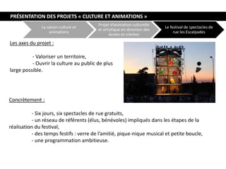 La saison culture et
animations
Projet d’animation culturelle
et artistique en direction des
écoles et crèches
Le festival de spectacles de
rue les Escalpades
Les axes du projet :
- Valoriser un territoire,
- Ouvrir la culture au public de plus
large possible.
Concrètement :
- Six jours, six spectacles de rue gratuits,
- un réseau de référents (élus, bénévoles) impliqués dans les étapes de la
réalisation du festival,
- des temps festifs : verre de l’amitié, pique-nique musical et petite boucle,
- une programmation ambitieuse.
PRÉSENTATION DES PROJETS « CULTURE ET ANIMATIONS »
 
