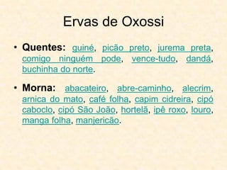 Ervas de Oxossi
• Quentes: guiné, picão preto, jurema preta,
comigo ninguém pode, vence-tudo, dandá,
buchinha do norte.
• Morna: abacateiro, abre-caminho, alecrim,
arnica do mato, café folha, capim cidreira, cipó
caboclo, cipó São João, hortelã, ipê roxo, louro,
manga folha, manjericão.
 
