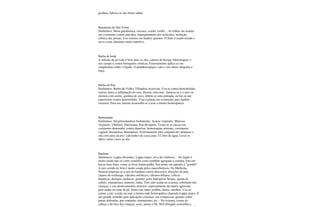 gordura, fabrica-se um ótimo sabão.
Bananeira-de-São-Tomé
Sinônimos: Musa paradisíaca, missara, zombi, lombi. - As folhas são usadas
em cozimento contra urticária, ingurgitamento dos testículos, inchação
crônica das pernas. Uso externo em banhos quentes. O fruto é usado assado e
serve como alimento muito nutritivo.
Barba de bode
A infusão do pé todo é bom para os rins, catarro de bexiga, blenorragias, e
seu xarope é contra bronquites crônicas. Externamente aplica-se em
cataplasmas sobre o fígado. O pendão(espiga); com o seu cheiro afugenta a
traça.
Barba-de-Pau
Sinônimos: Barba-de-Velho, Tillandsia recurvata. Usa-se contra hemorróides,
varizes dores e inflamação do reto; úlceras varicosas. Amassa-se e o suco se
mistura com azeite, gordura de coco, obtém-se uma pomada, ou faz-se um
supositório contra hemorróides. Usar a planta em cozimento para banhos
externos. Para uso interno aconselha-se a usar a tintura homeopática.
Barbatimão
Sinônimos: Stryplinodendron barbatimão, Acácia virginalis, Mimosa
virginalis, Ubatimó, Paricarana, Pau-de-aperto. Usam-se as cascas em
cozimento demorado, contra diarréias, hemorragias uterinas, corrimento
vaginal, disenterias, hemoptises. Externamente para conjuntivite; preparar o
chá com uma xícara ( cafezinho) de casca para 1/2 litro de água. Lavar os
olhos várias vezes ao dia.
Bardana
Sinônimos: Lappa oficinales, Lappa major, erva dos tinhosos. - No Japão é
muito usada não só como remédio como também agregada à comida, frita em
lascas bem finas, como se fosse batata-palha. Seu nome em japonês é "gombô".
A raiz cozida ou frita é muito usada pelos macrobióticos. Na Medicina
Natural emprega-se a raiz da bardana contra abscessos; afecções da pele,
catarro do estômago, cálculos nefríticos, cálculos biliares, cólicas
hepáticas, doenças cardíacas, gastrite, gota, hidropisia, herpes, queda de
cabelo, reumatismo, tumores, tinha. Tem sido usada no eczema, sobretudo das
crianças, e nos deslocamentos uterinos, especialmente da matriz agravada
pelo andar ou estar de pé. Dores nas mãos joelhos, dedos, artelhos. Usa-se
comer a raiz cozida ou usar a tintura-mãe homeopática chamada Lappa major. É
um grande remédio para aplicações externas, em compressas quentes sobre
partes doloridas, por contusão, reumatismo, etc. - No eczema, crosta da
cabeça e da face das crianças, acne, antraz o Dr. M.E.Douglas aconselha a
 