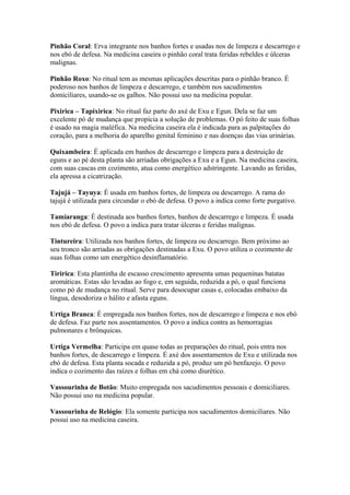 Pinhão Coral: Erva integrante nos banhos fortes e usadas nos de limpeza e descarrego e
nos ebó de defesa. Na medicina caseira o pinhão coral trata feridas rebeldes e úlceras
malignas.
Pinhão Roxo: No ritual tem as mesmas aplicações descritas para o pinhão branco. É
poderoso nos banhos de limpeza e descarrego, e também nos sacudimentos
domiciliares, usando-se os galhos. Não possui uso na medicina popular.
Pixirica – Tapixirica: No ritual faz parte do axé de Exu e Egun. Dela se faz um
excelente pó de mudança que propicia a solução de problemas. O pó feito de suas folhas
é usado na magia maléfica. Na medicina caseira ela é indicada para as palpitações do
coração, para a melhoria do aparelho genital feminino e nas doenças das vias urinárias.
Quixambeira: É aplicada em banhos de descarrego e limpeza para a destruição de
eguns e ao pé desta planta são arriadas obrigações a Exu e a Egun. Na medicina caseira,
com suas cascas em cozimento, atua como energético adstringente. Lavando as feridas,
ela apressa a cicatrização.
Tajujá – Tayuya: É usada em banhos fortes, de limpeza ou descarrego. A rama do
tajujá é utilizada para circundar o ebó de defesa. O povo a indica como forte purgativo.
Tamiaranga: É destinada aos banhos fortes, banhos de descarrego e limpeza. É usada
nos ebó de defesa. O povo a indica para tratar úlceras e feridas malignas.
Tintureira: Utilizada nos banhos fortes, de limpeza ou descarrego. Bem próximo ao
seu tronco são arriadas as obrigações destinadas a Exu. O povo utiliza o cozimento de
suas folhas como um energético desinflamatório.
Tiririca: Esta plantinha de escasso crescimento apresenta umas pequeninas batatas
aromáticas. Estas são levadas ao fogo e, em seguida, reduzida a pó, o qual funciona
como pó de mudança no ritual. Serve para desocupar casas e, colocadas embaixo da
língua, desodoriza o hálito e afasta eguns.
Urtiga Branca: É empregada nos banhos fortes, nos de descarrego e limpeza e nos ebó
de defesa. Faz parte nos assentamentos. O povo a indica contra as hemorragias
pulmonares e brônquicas.
Urtiga Vermelha: Participa em quase todas as preparações do ritual, pois entra nos
banhos fortes, de descarrego e limpeza. É axé dos assentamentos de Exu e utilizada nos
ebó de defesa. Esta planta socada e reduzida a pó, produz um pó benfazejo. O povo
indica o cozimento das raízes e folhas em chá como diurético.
Vassourinha de Botão: Muito empregada nos sacudimentos pessoais e domiciliares.
Não possui uso na medicina popular.
Vassourinha de Relógio: Ela somente participa nos sacudimentos domiciliares. Não
possui uso na medicina caseira.
 
