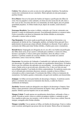 Cotieira: Não sabemos ao certo se esta erva tem aplicação ritualística. Na medicina
caseira ela é estritamente de uso veterinário. Muito aplicada em cães para purgar e
purificar feridas
Erva-Moura: Esta erva faz parte dos banhos de limpeza e purificação dos filhos do
orixá. Seu uso popular é como calmante, em doses de uma xícara das de café, duas a
três vezes ao dia. Essa dose não deve ser aumentada, de modo algum, pois em grande
quantidade prejudica. As folhas tiradas do pé, depois de socadas, curam úlceras e
feridas.
Estoraque Brasileiro: Sua resina é colhida e reduzida a pó. Este pó, misturado com
benjoim, é usado em defumações pessoais. Essa defumação destina-se a arrancar males.
O povo aconselha o pó desta no tratamento das feridas rebeldes ou ulcerações,
colocando o mesmo sobre as lesões
Figo Benjamim: Erva muito usada na purificação de pedras ou ferramentas e na
preparação do fetiche de Exu. Empregada, também, em banhos fortes para pôr fim a
padecimentos de pessoa que esteja sofrendo obsidiação ou obsessão. O povo aplica o
cozimento das folhas para tratar feridas rebeldes, e banhos para curar o reumatismo.
Hortelã brava: Empregada em obrigações de ori, nos abô e nos banhos de purificação
dos filhos deste orixá. O uso caseiro é utilizada para combater o veneno de cobras,
lacraias e escorpiões. É eficaz contra gases intestinais, dores de cabeça e como
diurético. É perfeita curadora de coceiras rebeldes e tiro acertado nos catarros
pulmonares, asma e tosse nervosa, rebelde.
Guararema: Em terreiros de Umbanda e Candomblé ela é aplicada em banhos fortes e
nos descarrego. Os galhos da erva são usados em sacudimentos domiciliares. Os banhos
fortes a que nos referimos são aplicados em encruzilhadas – na encruzilhada em que se
tomar o banho arria-se um mi-ami-ami, oferecido a Exu. E deve ser feito em uma
encruzilhada tranqüila. É um banho de efeitos surpreendentes. Na medicina caseira esta
erva é utilizada para exterminar abscessos, tumores, socando-se bem as folhas e
colocando-as sobre a tumorização. O cozimento das folhas é eficaz no tratamento do
reumatismo. Em banhos quentes e demorados, de igual sorte também cura hemorróidas.
Jenipapo: As folhas servem para banhos de descarrego e limpeza. A medicina caseira
aplica o cozimento das cascas no tratamento das úlceras, o caldo dos frutos é
combatente de hidropsia.
Jurubeba: Somente usada em obrigações com objetivo de descarrego e limpeza. Suas
folhas e frutos permitem o bom funcionamento do fígado e baço, garante a sabedoria
popular. Debela e previne hepatite com ou sem edemas.
Mangue Cebola: É usado apenas em sacudimentos domiciliares, utilizando o fruto, a
cebola. Procede-se assim: corta-se a cebola em pedaços miúdos e, cantando-se para
Exu, espalha-se pela casa, nos recantos, e sob os móveis. O povo usa a cebola, fruto do
mangue, esmagada sobre feridas rebeldes.
Mangue vermelho: Usa-se apenas as folhas, em banhos de descarrego. O povo a indica
como excelente adstringente que possui alto teor de tanino. Muito eficaz no tratamento
 