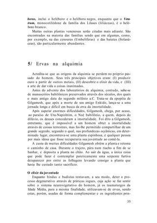 borus, inclui o heléboro e o heléboro negro, enquanto que o Vera-
trum, monocotilédone da família dos Lilases (liliáceas), é o helé-
boro branco.
Muitas outras plantas venenosas serão citadas mais adiante. São
encontradas na maioria das famílias sendo que em algumas, como,
por exemplo, na das cenouras (Umbelíferas) e das batatas (Solaná-
ceas), são particularmente abundantes.
5/ Ervas na alquimia
Acredita-se que as origens da alquimia se perdem no próprio pas-
sado do homem. Seus três principais objetivos eram: (I) produzir
ouro a partir de outros metais, (II) descobrir o elixir da vida, e (III)
a arte de dar vida a coisas inanimadas.
Antes do advento dos laboratórios de alquimia, contudo, sabe-se
de manuscritos babilônicos preservados através dos séculos, dos quais
o mais antigo data do segundo milênio a.C. Trata-se da epopéia de
Gilgamesh, que após a morte de seu amigo Enkido, lança-se a uma
jornada longa e difícil em busca da erva da imortalidade.
Após superar enormes dificuldades, Gilgamesh, chega, por acaso,
ao paraíso de Uta-Napishtim, o Noé babilônio, a quem, depois do
dilúvio, os deuses concederam a imortalidade. Foi dito a Gilgamesh,
entretanto, que é impossível a um homem obter a imortalidade
através de coisas terrestres, mas foi-lhe permitido compartilhar de um
grande segredo, segundo o qual, nas profundezas oceânicas, em deter-
minado lugar, encontrava-se uma planta espinhosa, e qualquer pessoa
por mais idosa que fosse recuperaria sua juventude ao comê-la.
A custa de muitas dificuldades Gilgamesh obtém a planta e retoma
o caminho de casa. Durante o trajeto, pára num riacho a fim de se
banhar, e deposita a planta no chão. Ao sair da água, a única coisa
que pode fazer é contemplar pateticamente uma serpente furtiva
deiaparecer por entre as folhagens levando consigo a planta que
havia lhe custado tanto sacrifício.
O elixir da juventude
Enquanto hindus e budistas tentavam, a seu modo, deter o pro-
cesso degenerativo através de práticas iogues, cuja ação se faz sentir
sobre o sistema neurovegetativo do homem, já os taumaturgos da
Idade Média, para a mesma finalidade, utilizavam-se de ervas, sendo
estas, porém, usadas de forma complementar e os ingredientes prin-
35
 