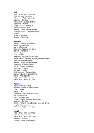 Odé
Teté - Bredo sem espinhos
Orin-rin - Alfavaquinha
Odun-dun - Folha-da-costa
Jacomijé - Jarrinha
Irekê-omin - Dandá do brejo
Piperégún - Nativo
Junçá - Espada de Ògún
Ìróko - Folha de loko
Mariwô - Folha de dendezêiro
Irum-perlêmin - Capim cabeludo
Akoko
Fitiba - Cana-fita
Monam - Parietária
Òsányín
Ganucô - Língua de galinha
Obô - Rama de leite
Aferé - Mutamba
Tolu-tolu - Papinho-de-peru
Monam - Parietária
Jamin - Cajá
Bala - Taioba
Teterégún - Canela-de-macaco
Timim - Folha de neve branca, cana-do-brejo
Pepé - Malmequer bravo
Mariwô - Folha de dendezeiro
Awô-pupa - Cipó-chumbo
Junçá - Espada de Ògún
Piperégún - Nativo
Arê-agê - Tostão
Simim-simim - Vassourinha
Afoman - Erva-de-passarinho
Omim - Alfavaquinha
Teté - Bredo sem espinho
Odum-dum - Folha-da-Costa
Òsùmàrè
Ìróko - Folha de Ìróko
Monan - Parietária, brotozinho
Bala - Taioba
Jamin - Cajá
Aberê-ejó - Pente de Òsúmarè
Aferê - Mutamba
Obô - Rama de leite
Exibatá - Golfo redondo do monam
Jacomijé - Jarrinha
Tinim - Folha da neve branca, cana-de-brejo
Peculé - Mariazinha
Tolu-tolu - Papinho-de-peru
Sòngó
Teté - Bredo sem espinhos
Orin-rin - Alfavaquinha
Odum-dum - Folha da costa
Jacomijé - Jarrinha
Bamba - Folha de mibamba
 
