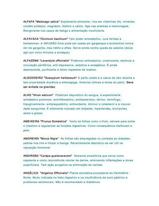 ALFAFA "Medicago sativa" Suplemento alimentar, rica em vitamínas (K), minerais,
contém potássio, magnésio, fósforo e cálcio. Age nas anemias e hemorragias.
Revigorante nos casos de fadiga e alimentação insuficiente.
ALFAVACA "Occimum basilicum" Tem poder antisséptico, cura feridas e
hematomas. A INFUSÃO forte pode ser usada em gargarejos e bochechos contra
dor de garganta, mau hálito e aftas. Serve ainda contra queda de cabelos (deixe
agir por cinco minutos e enxágue).
ALFAZEMA "Lavandula officinalis" Poderoso antisséptico, cicatrizante, estimula a
circulação periférica, anti-depressiva, sedativa e analgésica. É ainda
desodorante, purificante e ótimo repelente de insetos.
ALGODOEIRO "Gossypium herbaceum" A parte usada é a casca da raiz recente e
tem propriedade diurética e emenagoga. Ameniza cólicas e dores do parto. Deve
ser evitada na gravidez.
ALHO "Alium sativum" Poderoso depurativo do sangue, é expectorante,
antiséptico pulmonar, antinflamatório, antibacteriano, tônico, vermífugo,
hipoglicemiante, antiplaquetártio, antioxidante, diminui o colesterol e a viscosi-
dade sanguínea. É altamente indicado em diabetes, hipertensão, bronquites,
asma e gripes.
AMEIXEIRA "Prunus Doméstica" Tanto as folhas como o fruto, servem para soltar
o intestino e regularizar as funções digestivas. Como consequência melhoram a
pele.
AMOREIRA "Morus Nigra" As folhas são empregadas no combate ao diabetes,
pedras nos rins e limpar a bexiga. Recentemente descobriu-se ser util na
reposição hormonal.
ANDIROBA "Carápa guaiananensis" Semente amazônica que serve como
repelente e como reconstituite celular da derme, eliminando inflamações e dores
superficiais. Tem ação purgativa na eliminação de vermes.
ANGÉLICA "Angelica Officinalis" Planta aromática procedente do Hemisfério
Norte. Muito indicada no trato digestivo e na insuficiência de suco gástrico e
problemas estomocais. Não é recomendado a diabéticos
 