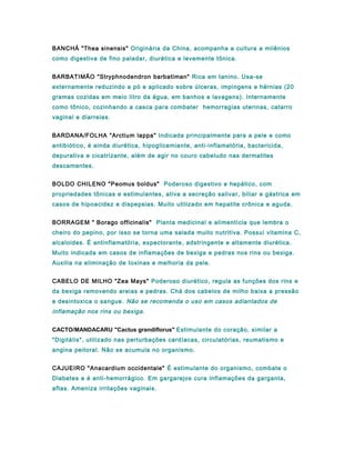BANCHÁ "Thea sinensis" Originária da China, acompanha a cultura a milênios
como digestiva de fino paladar, diurética e levemente tônica.
BARBATIMÃO "Stryphnodendron barbatiman" Rica em tanino. Usa-se
externamente reduzindo a pó e aplicado sobre úlceras, impingens e hérnias (20
gramas cozidas em meio litro da água, em banhos e lavagens). Internamente
como tônico, cozinhando a casca para combater hemorragias uterinas, catarro
vaginal e diarreias.
BARDANA/FOLHA "Arctium lappa" Indicada principalmente para a pele e como
antibiótico, é ainda diurética, hipoglicemiante, anti-inflamatória, bactericida,
depurativa e cicatrizante, além de agir no couro cabeludo nas dermatites
descamantes.
BOLDO CHILENO "Peomus boldus" Poderoso digestivo e hepático, com
propriedades tônicas e estimulantes, ativa a secreção salivar, biliar e gástrica em
casos de hipoacidez e dispepsias. Muito utilizado em hepatite crônica e aguda.
BORRAGEM " Borago officinalis" Planta medicinal e alimentícia que lembra o
cheiro do pepino, por isso se torna uma salada muito nutritiva. Possui vitamina C,
alcaloides. É antinflamatória, expectorante, adstringente e altamente diurética.
Muito indicada em casos de inflamações de bexiga e pedras nos rins ou bexiga.
Auxilia na eliminação de toxinas e melhoria da pele.
CABELO DE MILHO "Zea Mays" Poderoso diurético, regula as funções dos rins e
da bexiga removendo areias e pedras. Chá dos cabelos de milho baixa a pressão
e desintoxica o sangue. Não se recomenda o uso em casos adiantados de
inflamação nos rins ou bexiga.
CACTO/MANDACARU "Cactus grandiflorus" Estimulante do coração, similar a
"Digitális", utilizado nas perturbações cardíacas, circulatórias, reumatismo e
angina peitoral. Não se acumula no organismo.
CAJUEIRO "Anacardium occidentale" É estimulante do organismo, combate o
Diabetes e é anti-hemorrágico. Em gargarejos cura inflamações da garganta,
aftas. Ameniza irritações vaginais.
 