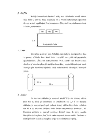2. Streľba
               Každý člen družstva dostane 3 broky a zo vzdialenosti piatich metrov
      musí trafiť 3 drevené terče o rozmere 50 x 70 mm ľubovoľným spôsobom
      (ležmo, v stoji, v pokľaku). Družstvo dostáva 30 trestných sekúnd za netrafenie
      každého jedného terča.

                           terč      terč     terč



                 5m
                               hranica strieľania


3. Lano
               Disciplína spočíva v tom, že každý člen družstva musí prejsť po lane
      za pomoci ďalšieho lana, ktoré bude cca o 180 cm vyššie od pôvodného
      (pochôdzného). Dĺžka lán bude približne 10 m. Každý člen družstva musí
      absolvovať túto disciplínu. Za každého člena, ktorý nesplní úlohu (obíde lano),
      alebo ju splní nesprávne (spadne z lana), bude družstvu udelených 5 trestných
      minút.




                       1,8 m
                                      10 m




4. Ejektor
               Na drevenú základňu je potrebné položiť PS a zo železnej nádrže
      (min 800 l), ktorá je umiestnená vo vzdialenosti cca 3,5 m od drevenej
      základne, je potrebné prečerpať vodu do druhej nádrže, ktorá bude vzdialená
      cca 30 m od základne. Doplniť nádrž možno iba pomocou prúdnice C 52.
      Pomocou ejektora je zároveň potrebné doplniť vodu do prvej nádrže.
      Disciplína bude splnená, keď budú vodou naplnené obidve nádrže. Družstvo sa
      môže presunúť na ďalšiu disciplínu až po ukončení tejto disciplíny.




                                      4
 