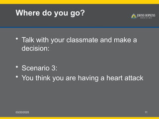 03/20/2025 11
Where do you go?
• Talk with your classmate and make a
decision:
• Scenario 3:
• You think you are having a heart attack
 