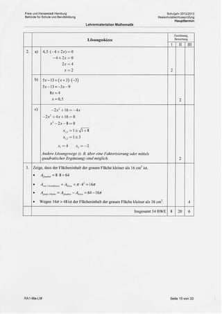 FEie und Hansestadt Hamburg
Behörds filr Schule und Berufsbildung
S€Iuljahr20122013
Realschulabscntussprof ung
Haupttemin
Lehrermateriallen Mathematik
Lösungsskizrc
I I III
2. a) 4,s.( 4+2x)=0
-4'f2x:0
2x= 4
2
b) 5, _ l3 = (,+ 3). (_3)
5x-13=1x-9
8ir=4
.x = 0,5 2
c)
-2x'+16:-4,
-2r1+4]+16:o
x'-2x-8=0
x,.z=1+^./i+t
rr.z : 1*3
:4 = 2
Andere Lösmge)ege (2. B. übet eihe Faktotisienmg odet mittels
quadratischer Elglifizltkg) sitld öglich. 2
3. Zeige, dass der Flächeninhalt der $auen Fläche kleiner als 16 cmz ist.
. Ap*tu =8 E- 64
. A.", ,,",,,,r."" = Ax-" = it 42 = l6E
. Z,*, 11a" = eu"a* - Ax* = 64 -lett
. Wegen I 6z > 48 ist der Flächeninhalt der grauen Fläche kleiner als 1 6 cm2. 4
Insgesamt 34 BWE 8 20 6
Seite 15 von 33
 