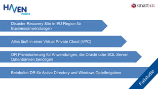 Disaster Recovery Site in EU Region für
Businessanwendungen
Alles läuft in einer Virtual Private Cloud (VPC)
DR Provisionierung für Anwendungen, die Oracle oder SQL Server
Datenbanken benötigen
Beinhaltet DR für Active Directory und Windows Dateifreigaben
 