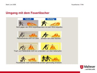 Umgang mit dem Feuerlöscher Stand: Juni 2008 Feuerlöscher  | Folie  Nicht gegen den Wind angreifen, sondern mit dem Wind angreifen. Flächenbrände nicht von oben, Tropf- und Fließbrände nicht von unten, Feuerlöscher nicht nacheinander, sondern von unten löschen. sondern von oben bekampfen. sondern gleichzeitig einsetzen. 