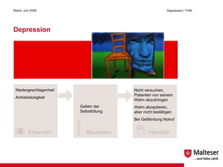 Depression Stand: Juni 2008 Depression  | Folie  Erkennen Beurteilen Handeln Niedergeschlagenheit Antriebslosigkeit Gefahr der Selbsttötung Nicht versuchen, Patienten von seinem Wahn abzubringen Wahn akzeptieren, aber nicht bestätigen Bei Gefährdung Notruf normal verengt Luftröhre 