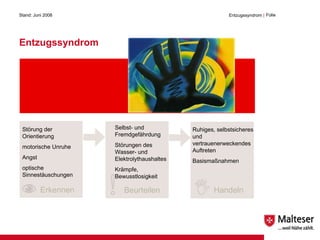 Entzugssyndrom Stand: Juni 2008 Entzugssyndrom  | Folie  Erkennen Beurteilen Handeln Störung der Orientierung motorische Unruhe Angst optische Sinnestäuschungen Selbst- und Fremdgefährdung Störungen des Wasser- und Elektrolythaushaltes Krämpfe, Bewusstlosigkeit Ruhiges, selbstsicheres und vertrauenerweckendes Auftreten Basismaßnahmen normal verengt Luftröhre 