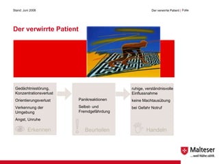 Der verwirrte Patient Stand: Juni 2008 Der verwirrte Patient  | Folie  Erkennen Beurteilen Handeln Gedächtnisstörung, Konzentrationsverlust Orientierungsverlust Verkennung der Umgebung Angst, Unruhe Panikreaktionen Selbst- und Fremdgefährdung ruhige, verständnisvolle Einflussnahme keine Machtausübung bei Gefahr Notruf normal verengt Luftröhre 