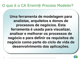O que é o CA Erwin® Process Modeler?


      Uma ferramenta de modelagem para
         analistas, arquitetos e donos de
          processos de negócios. Esta
       ferramenta é usada para visualizar,
      analisar e melhorar os processos de
     negócio e para definir os requisitos de
     negócio como parte do ciclo de vida de
        desenvolvimento das aplicações.

15    © 2005 Computer Associates International, Inc. (CA). All trademarks, trade names, services marks and logos referenced herein belong to their respective companies.
 