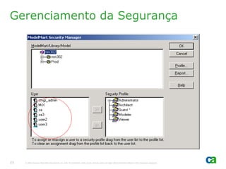 Gerenciamento da Segurança




23   © 2005 Computer Associates International, Inc. (CA). All trademarks, trade names, services marks and logos referenced herein belong to their respective companies.
 