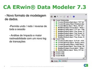CA ERwin® Data Modeler 7.3
- Novo formato de modelagem
de dados.

    -Permite undo / redo / reverse de
    toda a sessão

    - Análise de Impacto e maior
    rastreabilidade com um novo log
    de transações




8   © 2005 Computer Associates International, Inc. (CA). All trademarks, trade names, services marks and logos referenced herein belong to their respective companies.
 