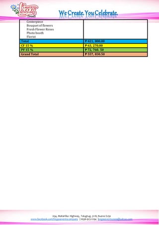 054, Maharlika Highway, Talugtug, 3118, Nueva Ecija
www.facebook.com/Vegaseventscompany | 0936-923-2294 |vegasevents2009@yahoo.com
Centerpiece
Bouquet of flowers
Fresh Flower Roses
Photo booth
Florist
Total ₱ 421, 800.00
CF 15 % ₱ 63, 270.00
PF 15 % ₱ 72, 760. 50
Grand Total ₱ 557, 830.50
 