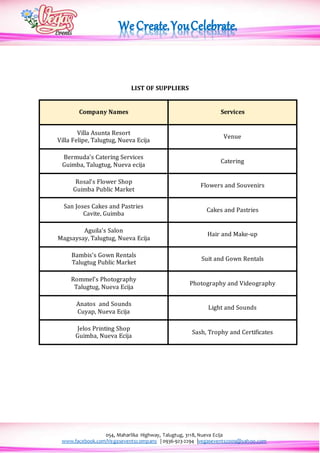054, Maharlika Highway, Talugtug, 3118, Nueva Ecija
www.facebook.com/Vegaseventscompany | 0936-923-2294 |vegasevents2009@yahoo.com
LIST OF SUPPLIERS
Company Names Services
Villa Asunta Resort
Villa Felipe, Talugtug, Nueva Ecija
Venue
Bermuda’s Catering Services
Guimba, Talugtug, Nueva ecija
Catering
Rosal’s Flower Shop
Guimba Public Market
Flowers and Souvenirs
San Joses Cakes and Pastries
Cavite, Guimba
Cakes and Pastries
Aguila’s Salon
Magsaysay, Talugtug, Nueva Ecija
Hair and Make-up
Bambis’s Gown Rentals
Talugtug Public Market
Suit and Gown Rentals
Rommel’s Photography
Talugtug, Nueva Ecija
Photography and Videography
Anatos and Sounds
Cuyap, Nueva Ecija
Light and Sounds
Jelos Printing Shop
Guimba, Nueva Ecija
Sash, Trophy and Certificates
 