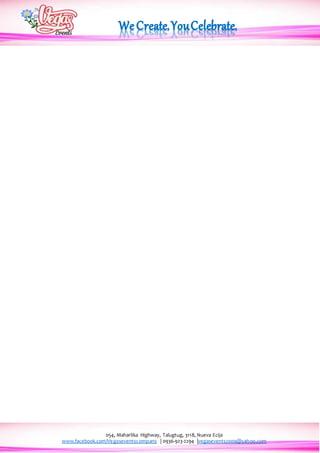 054, Maharlika Highway, Talugtug, 3118, Nueva Ecija
www.facebook.com/Vegaseventscompany | 0936-923-2294 |vegasevents2009@yahoo.com
 