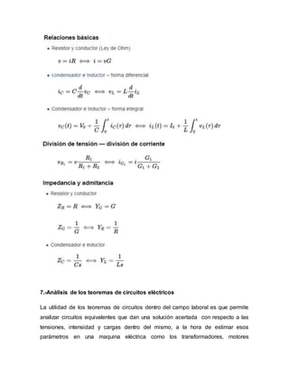 7.-Análisis de los teoremas de circuitos eléctricos
La utilidad de los teoremas de circuitos dentro del campo laboral es que permite
analizar circuitos equivalentes que dan una solución acertada con respecto a las
tensiones, intensidad y cargas dentro del mismo, a la hora de estimar esos
parámetros en una maquina eléctrica como los transformadores, motores
 