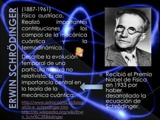 Erwin Schrödinger (1887-1961) Físico  austríaco,  Realizó importantes contribuciones en los campos de la mecánica cuántica y la termodinámica. Describe la evolución temporal de una partícula masiva no relativista. Es de importancia central en la teoría de la mecánica cuántica Recibió el Premio Nobel de Física en 1933 por haber desarrollado la ecuación de Schrödinger. http://www.astrocosmo.cl/biografi/b-e_schrodinger.htm http://es.wikipedia.org/wiki/Erwin_Schr%C3%B6dinger 