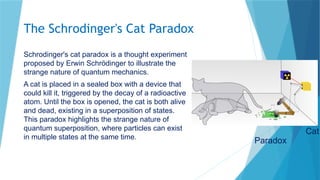 The Schrodinger's Cat Paradox
Schrodinger's cat paradox is a thought experiment
proposed by Erwin Schrödinger to illustrate the
strange nature of quantum mechanics.
A cat is placed in a sealed box with a device that
could kill it, triggered by the decay of a radioactive
atom. Until the box is opened, the cat is both alive
and dead, existing in a superposition of states.
This paradox highlights the strange nature of
quantum superposition, where particles can exist
in multiple states at the same time.
Cat
Paradox
 