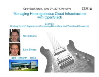 1
Managing Heterogeneous Cloud Infrastructure
with OpenStack
Example:
Hosting ‘Hybrid’ Applications Comprising Bare-Metal and Virtualized Resources
OpenStack Israel, June 2nd, 2014, Hertzliya
IBM Research – Haifa
Alex Glikson
Ezra Silvera
 