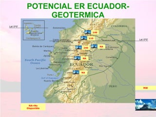 POTENCIAL ER ECUADOR- GEOTERMICA Lat 0°0‘ Lat 0°0‘ 110 MW 240 140 NA NA NA NA=No Disponible 
