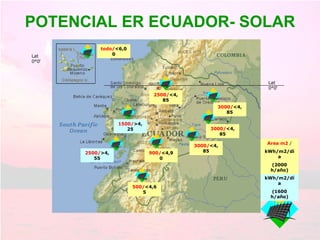 POTENCIAL ER ECUADOR- SOLAR Lat 0°0‘ Lat 0°0‘ Area m2  / kWh/m2/día (1600 h/año) 2500/ <4,85 3000/ <4,85 1500/ >4,25 900/ <4,90 500/ <4,65 todo/ <6,00 3000/ <4,85 3000/ <4,85 Area m2  / kWh/m2/día (2000 h/año) 2500/ >4,55 