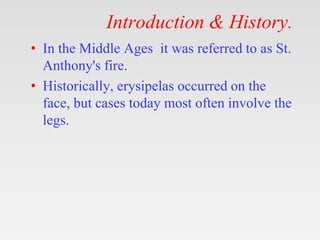 Introduction & History.
• In the Middle Ages it was referred to as St.
Anthony's fire.
• Historically, erysipelas occurred on the
face, but cases today most often involve the
legs.
 