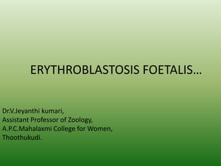 ERYTHROBLASTOSIS FOETALIS…
Dr.V.Jeyanthi kumari,
Assistant Professor of Zoology,
A.P.C.Mahalaxmi College for Women,
Thoothukudi.
 