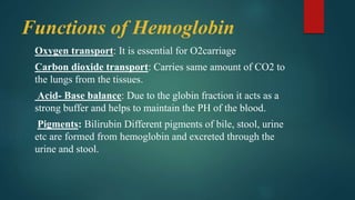 Functions of Hemoglobin
Oxygen transport: It is essential for O2carriage
Carbon dioxide transport: Carries same amount of CO2 to
the lungs from the tissues.
Acid- Base balance: Due to the globin fraction it acts as a
strong buffer and helps to maintain the PH of the blood.
Pigments: Bilirubin Different pigments of bile, stool, urine
etc are formed from hemoglobin and excreted through the
urine and stool.
 