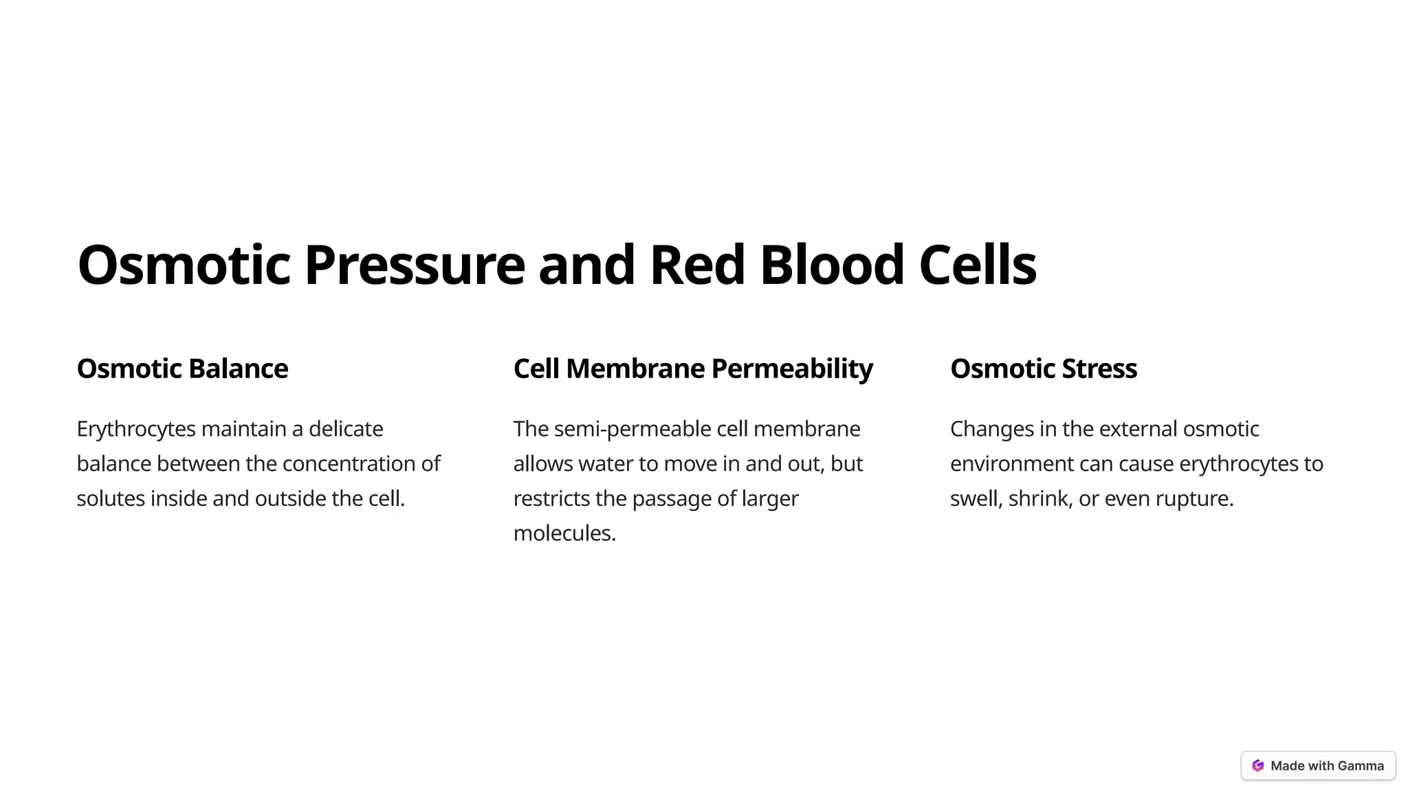 Osmotic Pressure and Red Blood Cells
Osmotic Balance
Erythrocytes maintain a delicate
balance between the concentration of
solutes inside and outside the cell.
Cell Membrane Permeability
The semi-permeable cell membrane
allows water to move in and out, but
restricts the passage of larger
molecules.
Osmotic Stress
Changes in the external osmotic
environment can cause erythrocytes to
swell, shrink, or even rupture.
 
