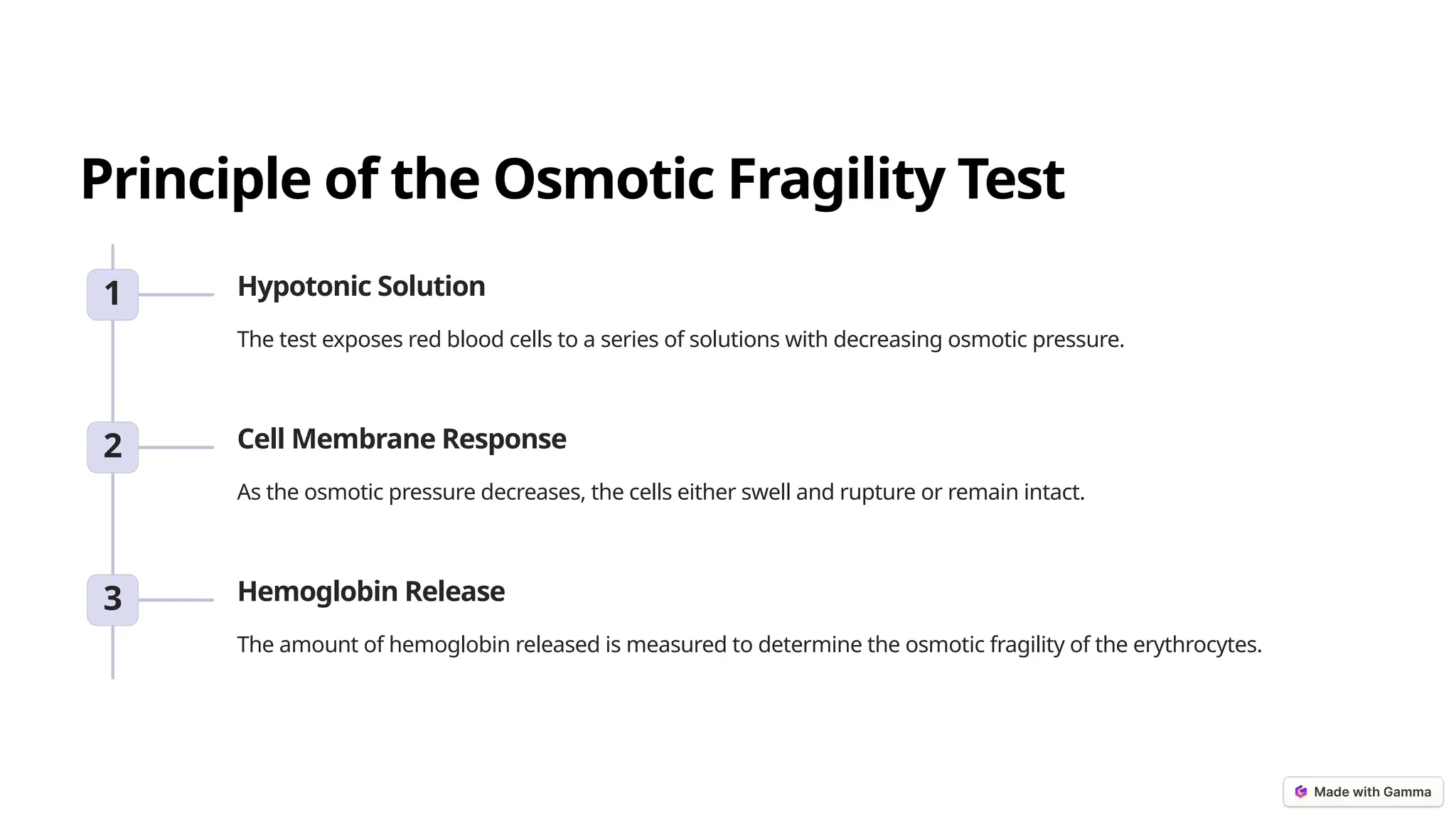 Principle of the Osmotic Fragility Test
1 Hypotonic Solution
The test exposes red blood cells to a series of solutions with decreasing osmotic pressure.
2 Cell Membrane Response
As the osmotic pressure decreases, the cells either swell and rupture or remain intact.
3 Hemoglobin Release
The amount of hemoglobin released is measured to determine the osmotic fragility of the erythrocytes.
 