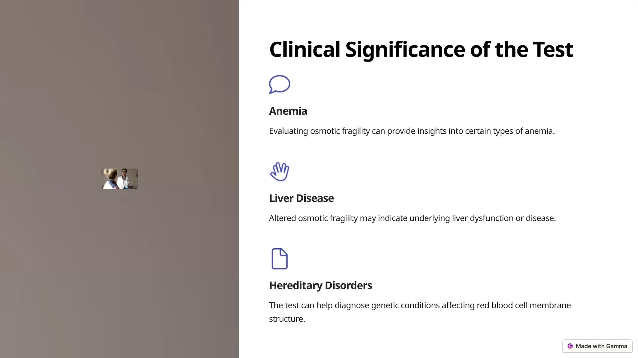 Clinical Significance of the Test
Anemia
Evaluating osmotic fragility can provide insights into certain types of anemia.
Liver Disease
Altered osmotic fragility may indicate underlying liver dysfunction or disease.
Hereditary Disorders
The test can help diagnose genetic conditions affecting red blood cell membrane
structure.
 