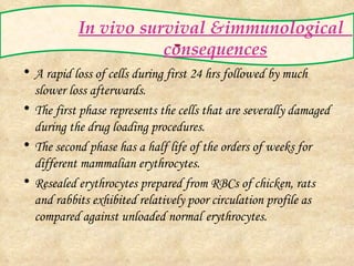 In vivo survival &immunological  consequences A rapid loss of cells during first 24 hrs followed by much slower loss afterwards. The first phase represents the cells that are severally damaged during the drug loading procedures. The second phase has a half life of the orders of weeks for different mammalian erythrocytes. Resealed erythrocytes prepared from RBCs of chicken, rats and rabbits exhibited relatively poor circulation profile as compared against unloaded normal   erythrocytes. 