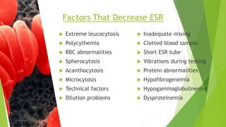  Extreme leucocytosis
 Polycythemia
 RBC abnormalities
 Spherocytosis
 Acanthocytosis
 Microcytosis
 Technical factors
 Dilution problems
 Inadequate mixing
 Clotted blood sample
 Short ESR tube
 Vibrations during testing
 Protein abnormalities
 Hypofibrogenemia
 Hypogammaglobulinemia
 Dysproteinemia
Factors That Decrease ESR
 