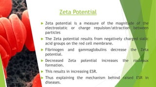  Zeta potential is a measure of the magnitude of the
electrostatic or charge repulsion/attraction between
particles
 The Zeta potential results from negatively charged sialic
acid groups on the red cell membrane.
 Fibrinogen and gammaglobulins decrease the Zeta
potential.
 Decreased Zeta potential increases the rouleaux
formation.
 This results in increasing ESR.
 Thus explaining the mechanism behind raised ESR in
diseases.
Zeta Potential
 