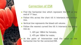  Find the horizontal line which represent the ESR at the
end of 1st hour.
 Follow this across the chart till it intersects the vertical
line.
 Vertical line represents the blood cell volume.
 Follow the nearest curved line till it intersects the heavy
line at;
1. 42% per 100ml for females.
2. 47% per 100ml for males.
 At the point of intersection read the value on the
horizontal line for the corrected ESR.
Correction of ESR
 